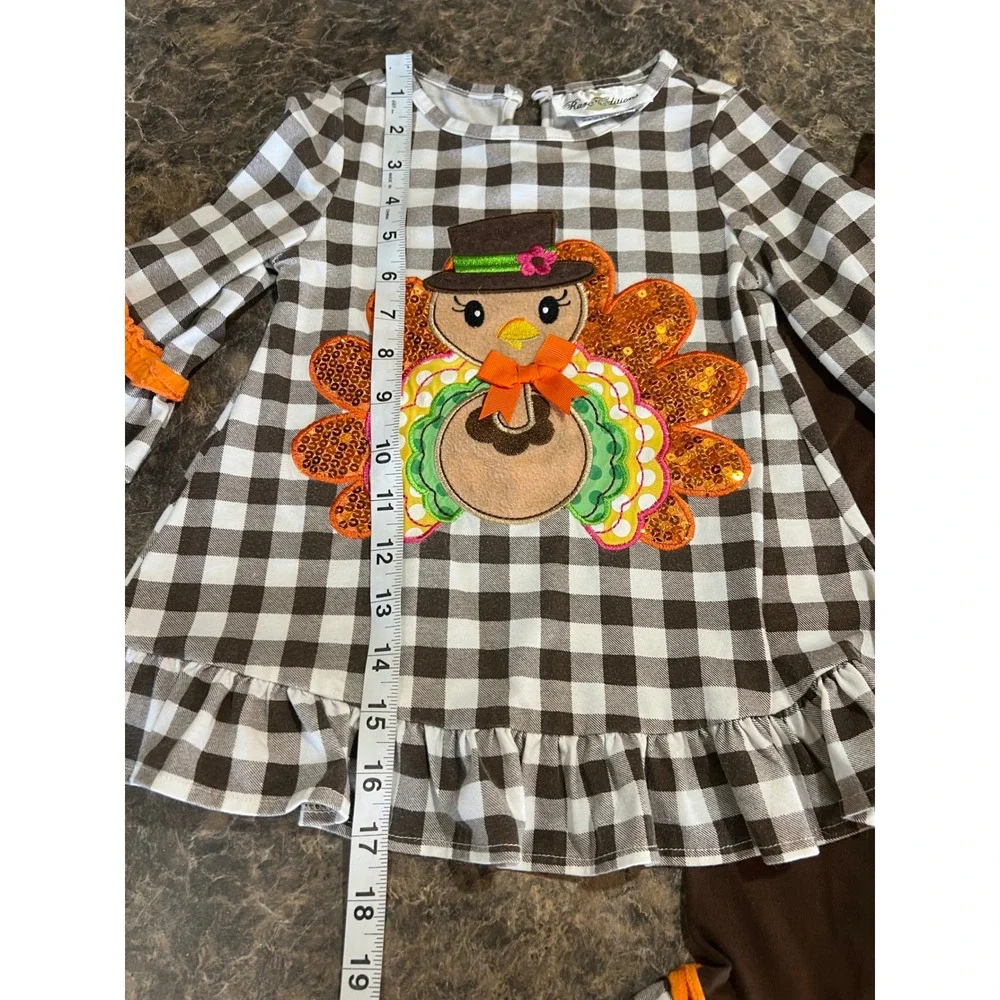 Rare Editions Brown Gingham Turkey Sequin Tunic & Leggings Set 4T thanksgiving